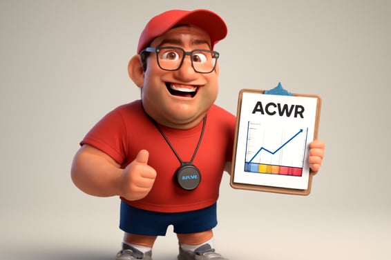 a pixar style running coach stopwatch around his neck holding a chart with title ACWR