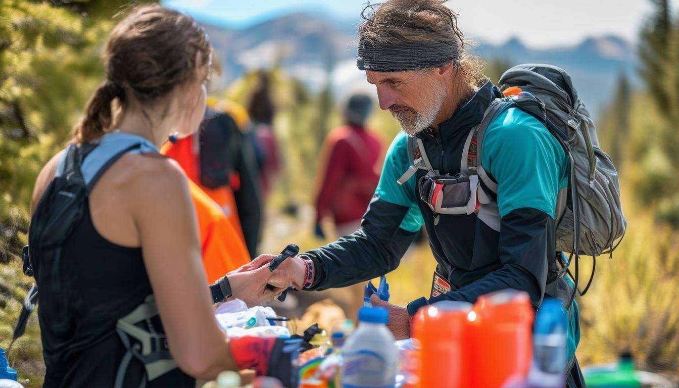 helping a runner at an aid station